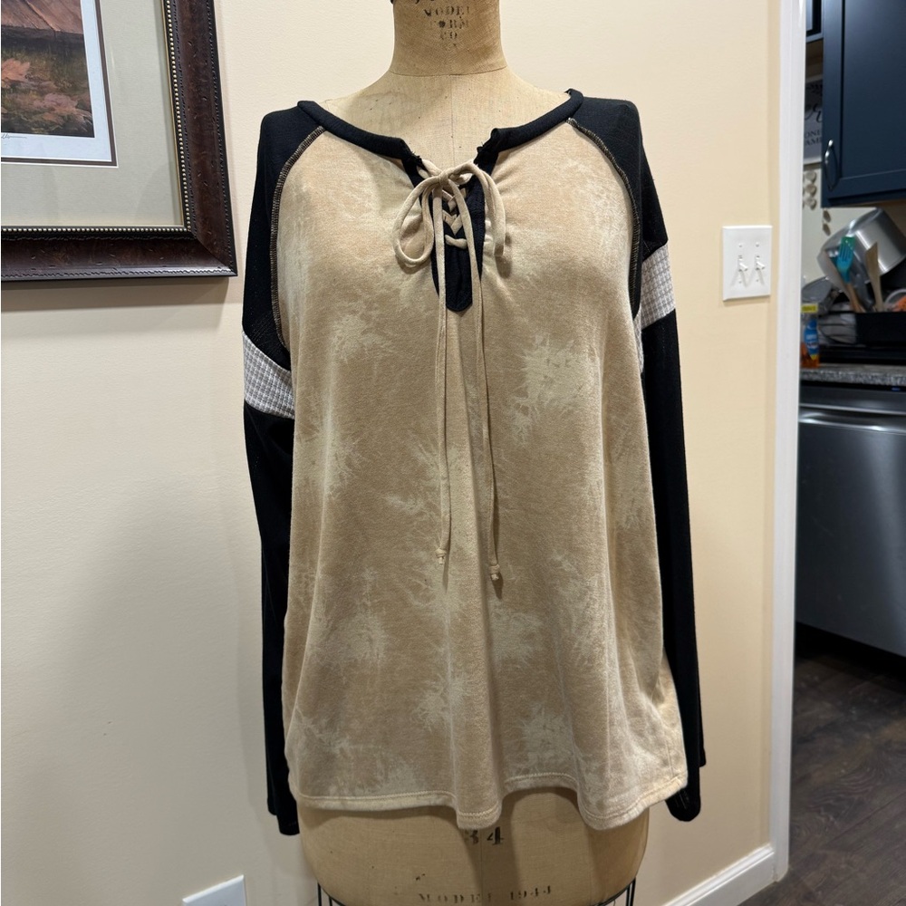 Sugarfox Beige and Black Lace-Up Long Sleeve Top